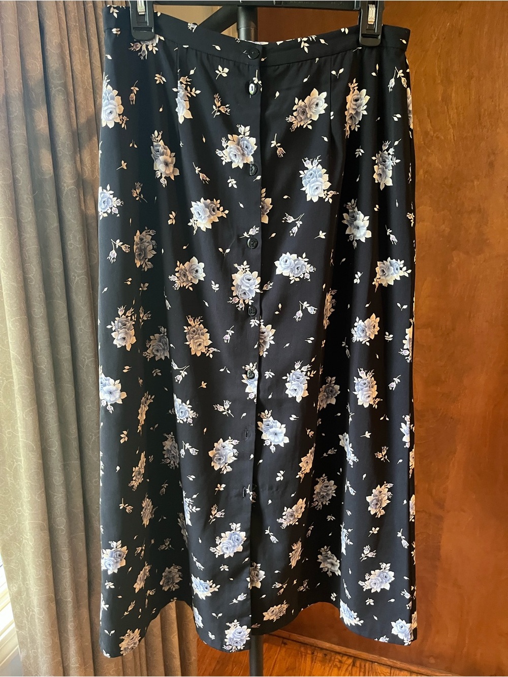 Kathie Lee Collection Black Midi Skirt with Light Blue Floral Print